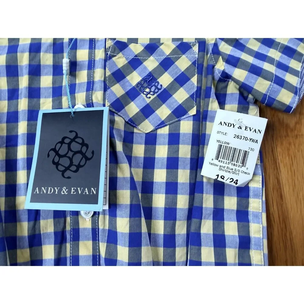NWT Andy & Evan Boys Shirtzie Bodysuit 18-24M Blue Yellow Gingham Button Down